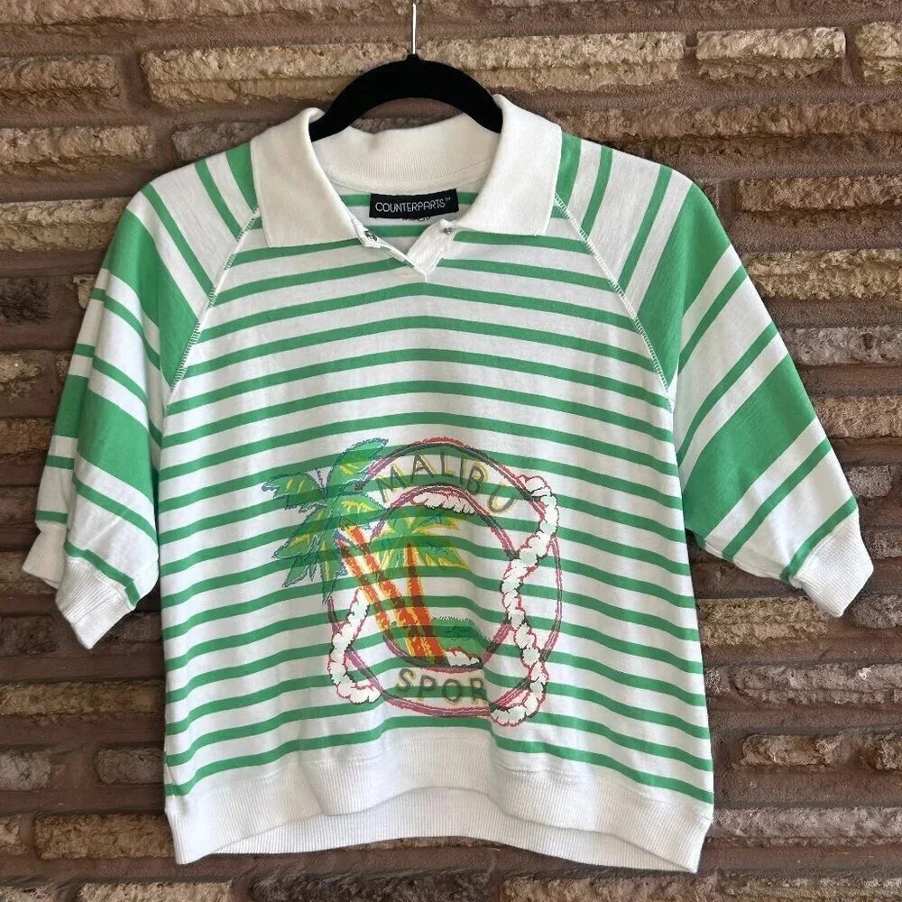 Vintage Counterparts Green Striped Malibu Sport Graphic T Shirt polo rugby 80s